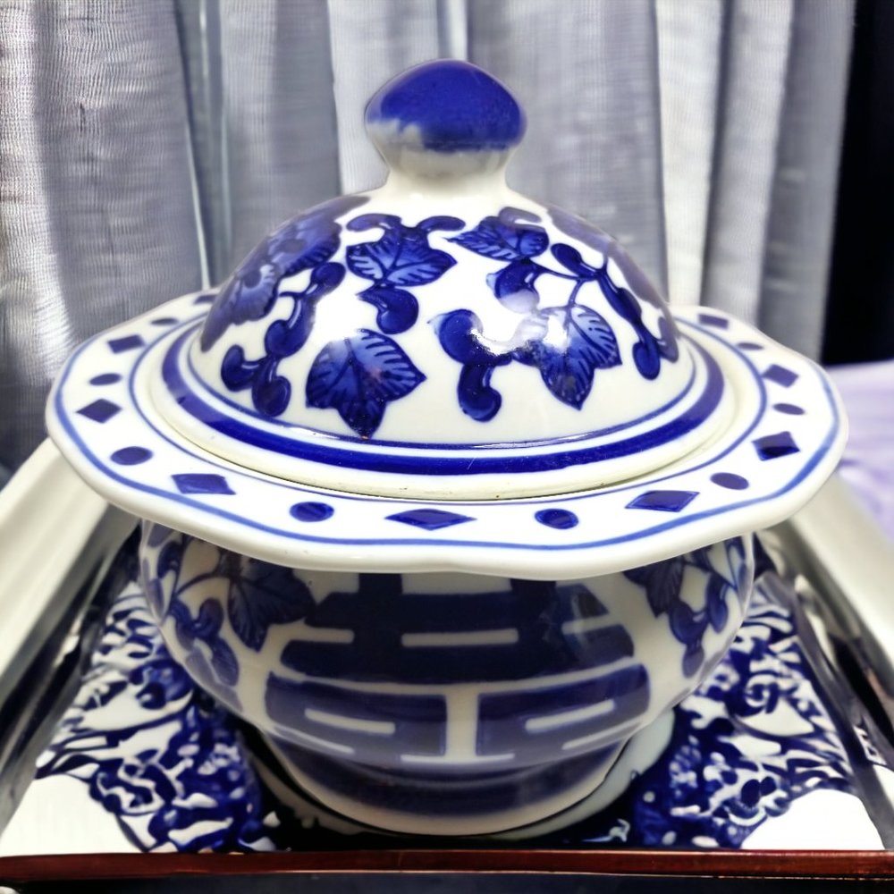 Double Happiness Chinese Ginger Jar Blue & White Classic Lidded Porcelain - Picture 2 of 14